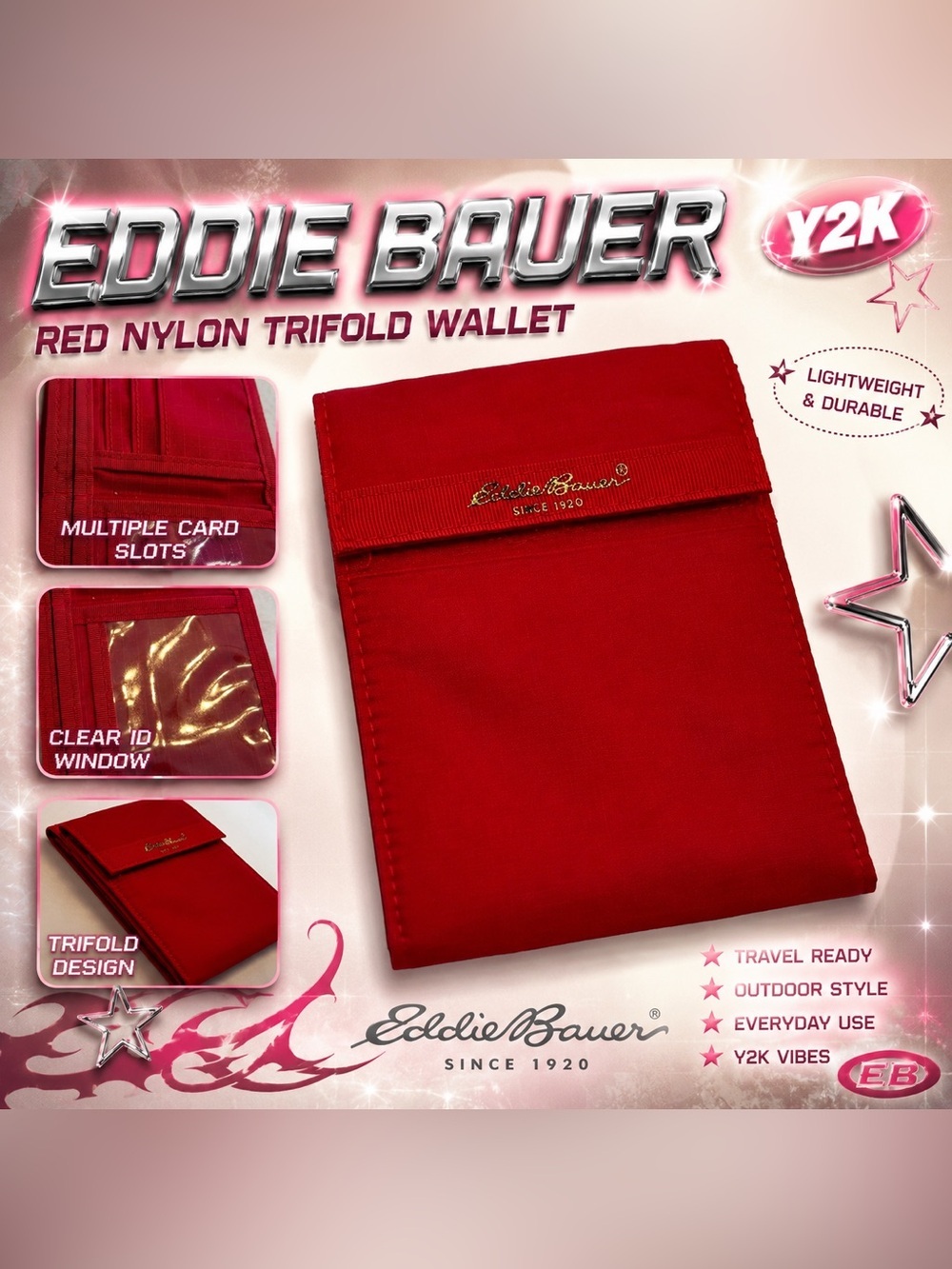 Eddie Bauer Red Nylon Trifold Wallet Organizer Travel Outdoor Style
